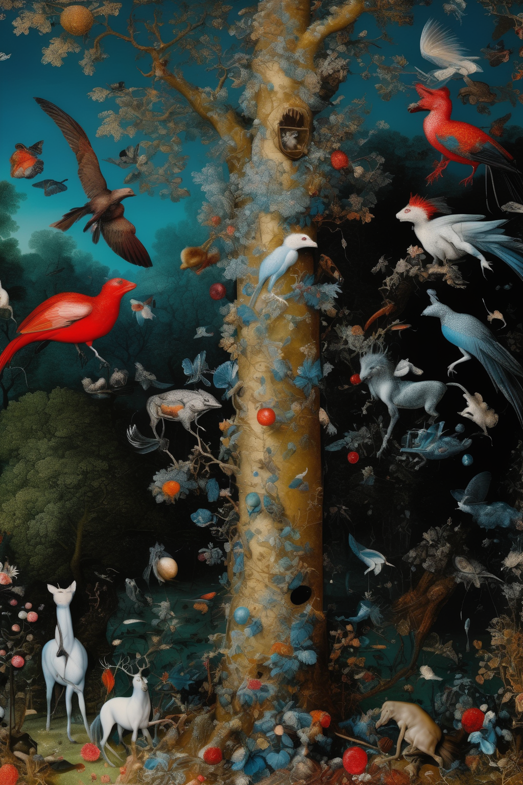 <lora:Jan Brueghel Style:1>Jan Brueghel Style - And into my garden stole When the night had veiled the pole; In the morning glad I see My foe outstretched beneath the tree and inexistent animals, insanely detailed, baroque, art by Francis Bacon and Damien Hirst, no frame, 4K, HD, high contrast, photorealistic, cold light, cold colours, high contrast
