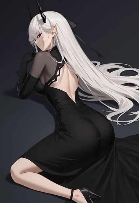 1girl, absurdres, solo, Sarkaz_Dancer, white hair, long hair, horns, pointy ears, red eyes, hair over eyes, eyes visible through hair, asymmetrical skirt, high heels, black dress, black gloves, elbow gloves, bodystocking, see-through cleavage, back, backless dress, lying, naughty face, half-closed eyes, light smile, looking back, sideboob