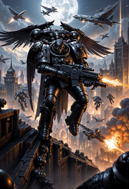 RavenG40k, large space marine jumping from a plane while holding a machine gun, explosions in the background, epic action scene, movie still, <lora:FluxRavenG40k:1> <lora:FluxMythP0rtr4itStyle:0.7>