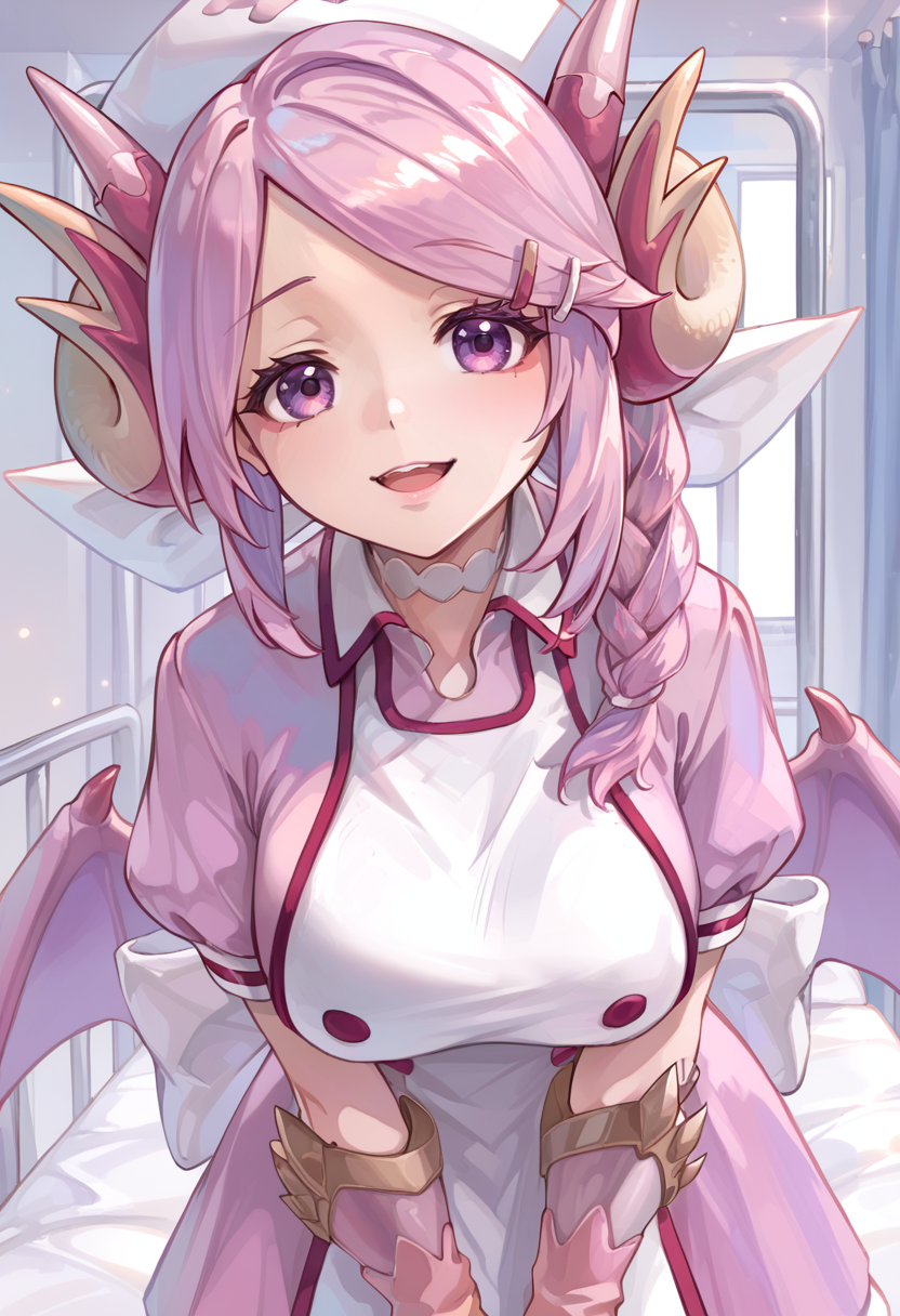 (score_9:0.9),score_8_up,score_7_up,anime style,rating_safe,(zPDXL),<lora:Nurse dragonmaid ponyXL v1:0.84>,nurse cap,nurse dragonmaid,pink wings,nurse dress,pink fingerless gloves,1girl,solo,large breasts,looking at viewer,open mouth,smile,heart,bend over,close up,hospital bed, indoor, sickroom