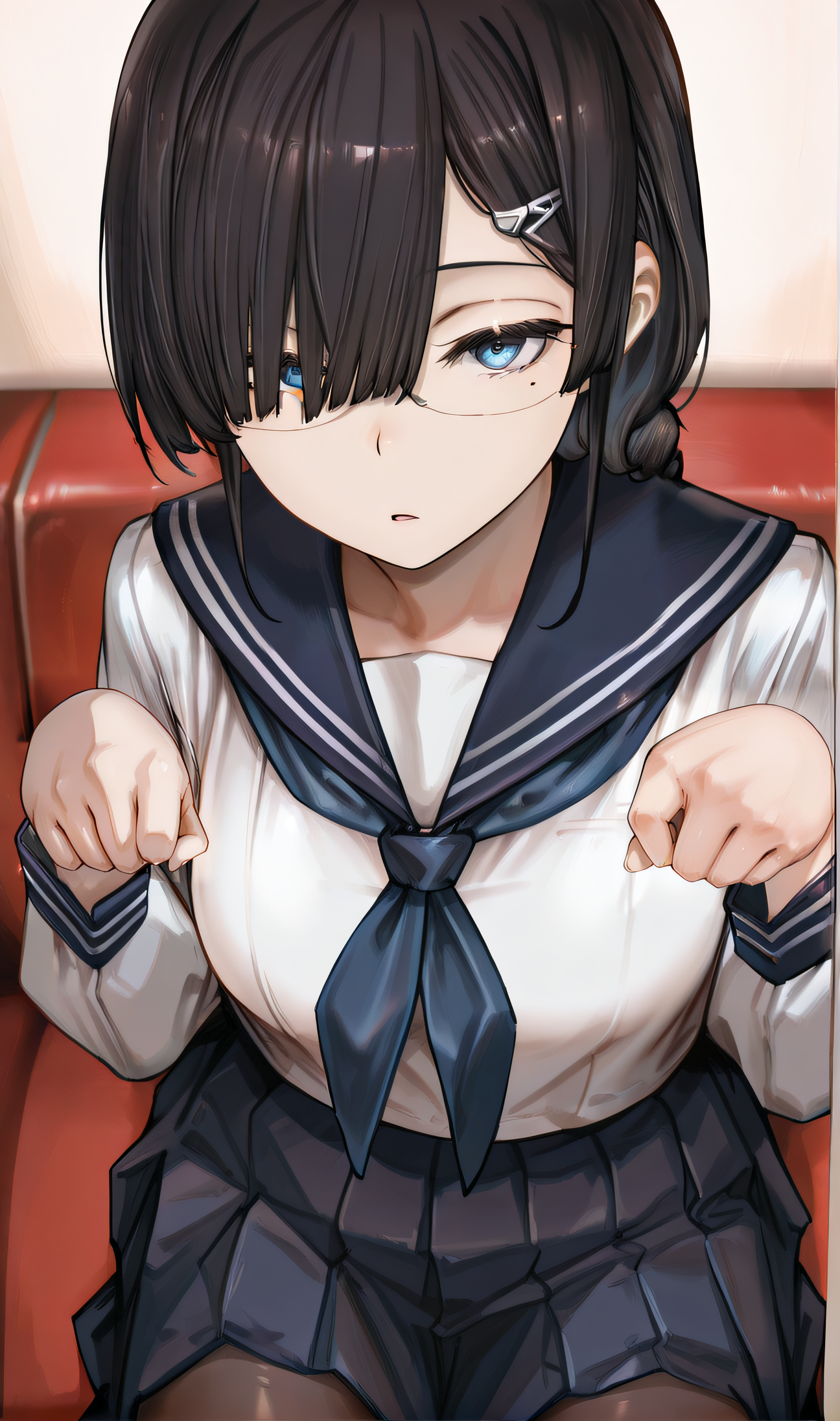 masterpiece, best quality, amazing quality, highres, absurdres, very aesthetic, high resolution, ultra detailed, perfect details, 1girl, solo, <lora:Soleil_Style:1>, solstyle, <lora:Kaho_Juumonji_ILXL:0.9>, juumonji kaho, long hair, black hair, sidelocks, hairclip, braid, bangs, hair over one eye, blue eyes, glasses, mole under eye, serafuku, white shirt, long sleeves, blue sailor collar, blue neckerchief, standing, frontal view, looking at viewer, expressionless, indoor, cowboy shot, open mouth, paw pose, hands up, five fingers:1.2, blue pleated skirt, black pantyhose, sitting on couch, from above