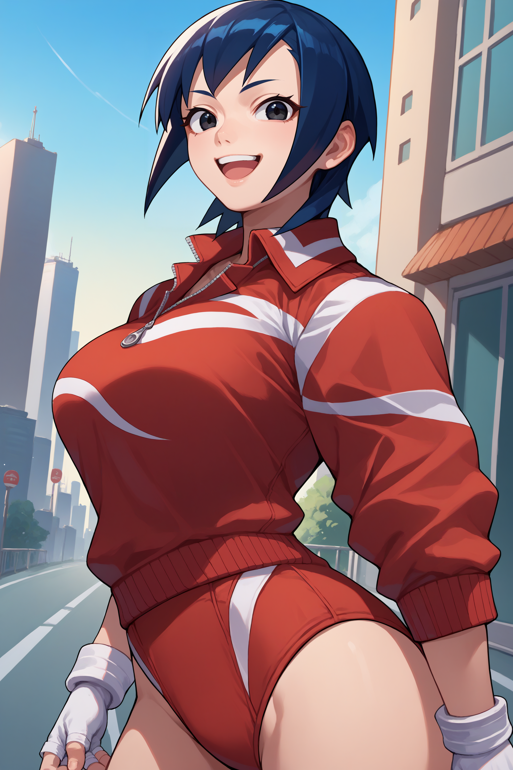 score_9, score_8_up, score_7_up, score_6_up, source_anime, 1girl, solo  <lora:natsuayuhara-pdxl-nvwls-v1-000006:1> ayuharanatsu, dark blue hair, short hair, black eyes, red jacket, track jacket, red buruma, white gloves, fingerless gloves, upper body, big breasts, looking at you, happy, city, blue sky