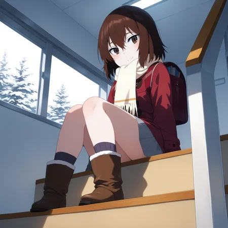 pixiv masterpiece, score_9, score_8_up, source_anime, score_7_up, best quality, high res, absurd res,
<lora:Kayo_Hinazuki_Illustrious_v19-000013:1>,kayo_hinazuki_il, 1girl, brown_eyes, short_hair, brown_hair, dark_red_backpack, grey_skirt, red_coat, coat_over_skirt, scarf, solo, window, school, winter outside, faint smile, from below, low angle, boots, dark_grey-purple_socks, full body