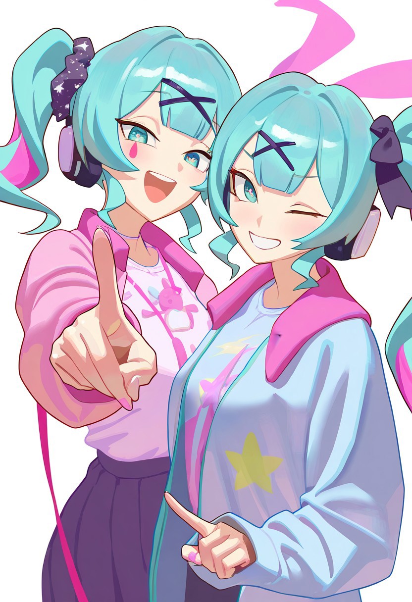 masterpiece, best quality, very aesthetic, high resolution, ultra-detailed, absurdres, newest, extremely detailed eyes, beautiful, perfect lighting, hi res, amazing quality, very awa, Brightly Lit, Highly Visible, 8k, sharp focus, beautiful, perfect lighting, volumetric lighting, scenery, painting_(artwork), PSTL_ST, long hair, looking at viewer, smile, open mouth, bangs, multiple girls, simple background, aqua hair, shirt, hair ornament, long sleeves, white background, 2girls, aqua eyes, jacket, upper body, one eye closed, star \(symbol\), grin, side ponytail, coat, v, siblings, headphones, scrunchie, blue shirt, pointing, sisters, hair scrunchie, twins, star print, print shirt, large breast, hatsune miku, hatsune miku (rabbit hole), twintails