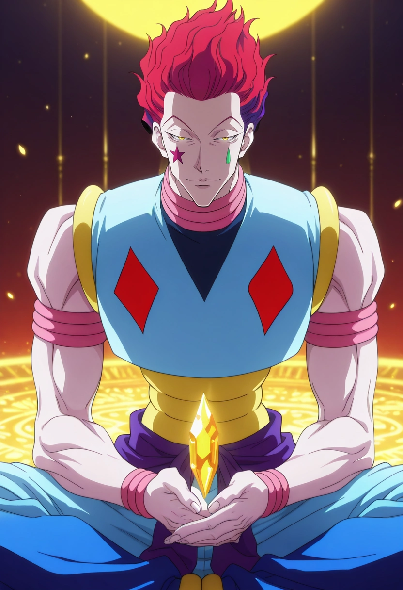 masterpiece, best quality, , anime screencap, anime coloring, official style, , 1boy, solo, male focus, <lora:hisoka_morow_ilxl:0.96>, hisoka_morow, red hair, yellow eyes, , crystal sanctuary, gem gardens, light temples, meditation crystals, peaceful pose, tranquil expression, prismatic light, , sun hat