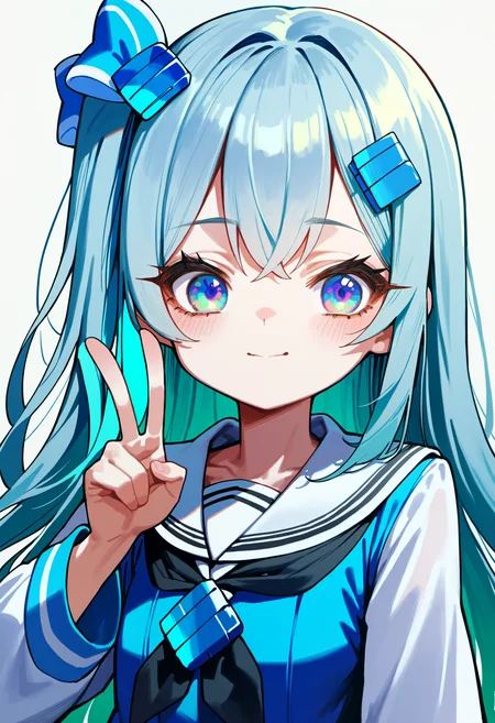 score_9, source_anime, score_8_up, score_7_up,simple background,white background,<lora:madobev1-000040:0.8> madobev1,portrait,upper body,v sign,pale cyan hair,multicolored eyes, one side up,serafuku, hair ornament, hair bow,black neckerchief,
