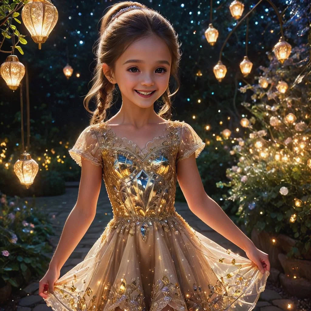 photorealistic picture, a little kids princess dancing in The Magic Garden, (beautiful face, beautiful eyes, long hair, smiling), a short dress is visible through ((body visible)),(transparent dress, glass dress),(spins, the hem of the dress is raised high), a short dress is decorated with delicate golden lace, magical radiance, evening, moonlight, the garden is lit with lanterns. 8k