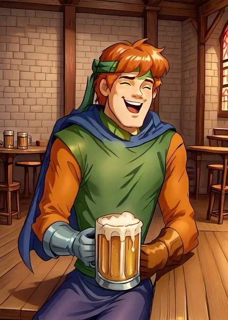 MaxSF, male focus, headband, solo, tunic, gloves, tavern, holding beer, cape, fantasy art, upper body, laughing, sitting, scooby-doo art style, <lora:Max-000005:1> <lora:Scooby-Doo_Art_Style_r2:1>
