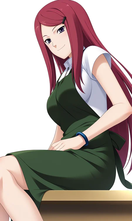 game cg,
from below, sitting, from side,
kushinauzumaki,1girl,solo,(looking at viewer),long hair,hairclip,
green apron, white shirt, collar, bracelet,
breasts,
smile,closed mouth,
white background, simple background,
<lora:Naruto_KushinaUzumaki_v4_PXL-000017:1>