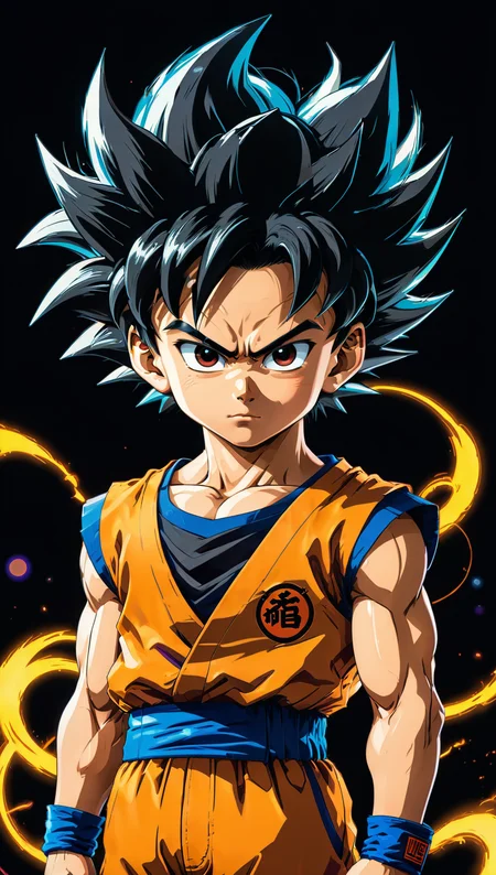 Cyberpunk style, (cel-shading style:1.3), centered image, ultra detailed illustration of Son Goku when was a kid, posing, (tetradic colors), inkpunk, (ink lines:1.1), strong outlines, art by MSchiffer, bold traces, unframed, high contrast, (cel-shaded:1.1), vector, 32k resolution, best quality, flat colors, flat lights<lora:xl_more_art-full_v1:0.5> <lora:leonardo_illustration:0.6>