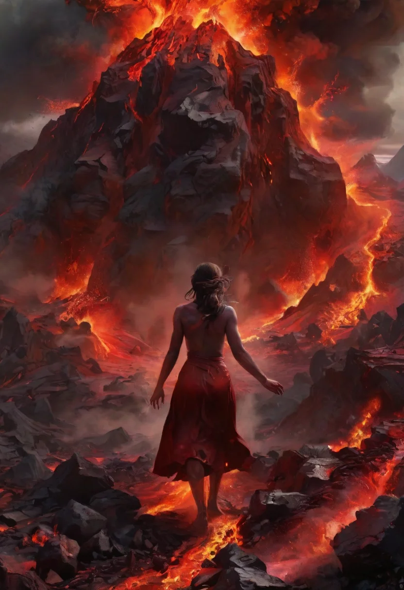 art illustrating insane amounts of raging elemental energy turning into sfw a woman getting out of a volcano with maroon lava, avatar of elements. magical surrealism, wizardry. best quality, high resolution