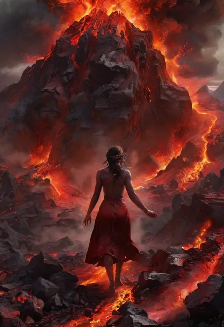 art illustrating insane amounts of raging elemental energy turning into sfw a woman getting out of a volcano with maroon lava, avatar of elements. magical surrealism, wizardry. best quality, high resolution