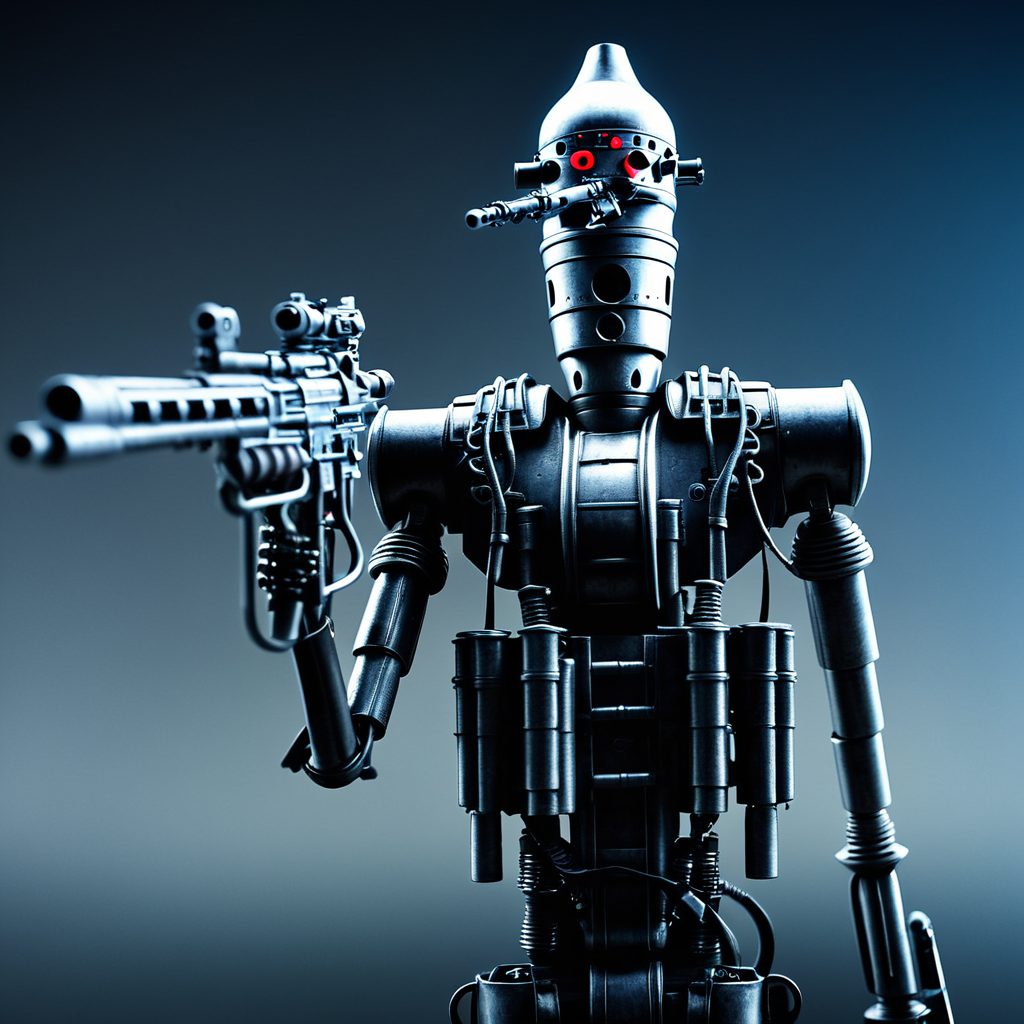cinematic film still of  <lora:IG-88:1>
IG-88 droid a robot with a gun and a helmet In Star Wars Universe, solo, weapon, grey background, gun, military, gradient background, no humans, robot, rifle, science fiction, realistic, machine gun, humanoid robot
, shallow depth of field, vignette, highly detailed, high budget, bokeh, cinemascope, moody, epic, gorgeous, film grain, grainy