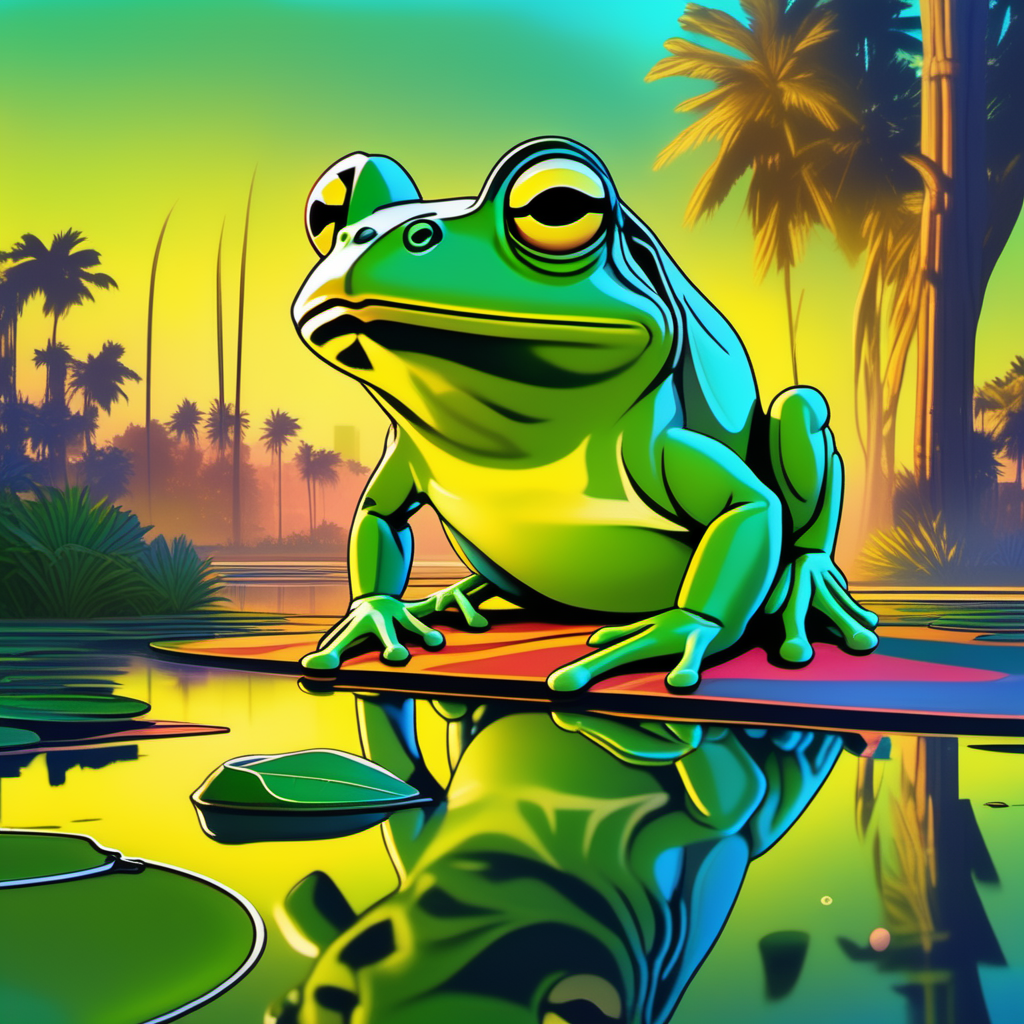 an image picture of a frog on a lily pad, yellow and light green, <lora:NeonifyV2-000003:1> neon realism