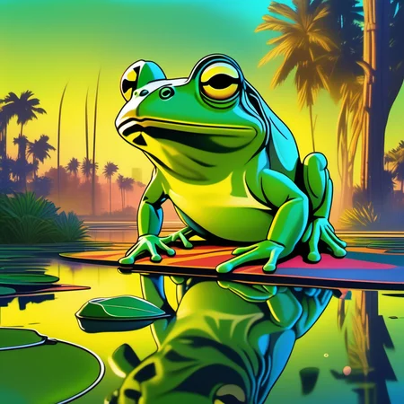 an image picture of a frog on a lily pad, yellow and light green, <lora:NeonifyV2-000003:1> neon realism