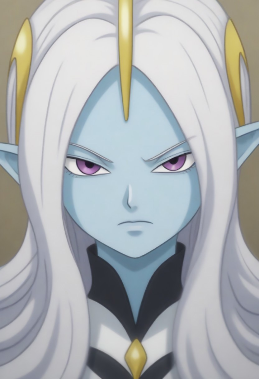 Masterpiece, Top Quality, source_anime, anime screencap, source_anime, auratheguillotine, anime screencap, masterpiece, source_anime, shiny skin,,,,towa(dragon ball), pointy ears, colored skin, blue skin, long hair, purple eyes,white hair, hair ornament, jewelry,