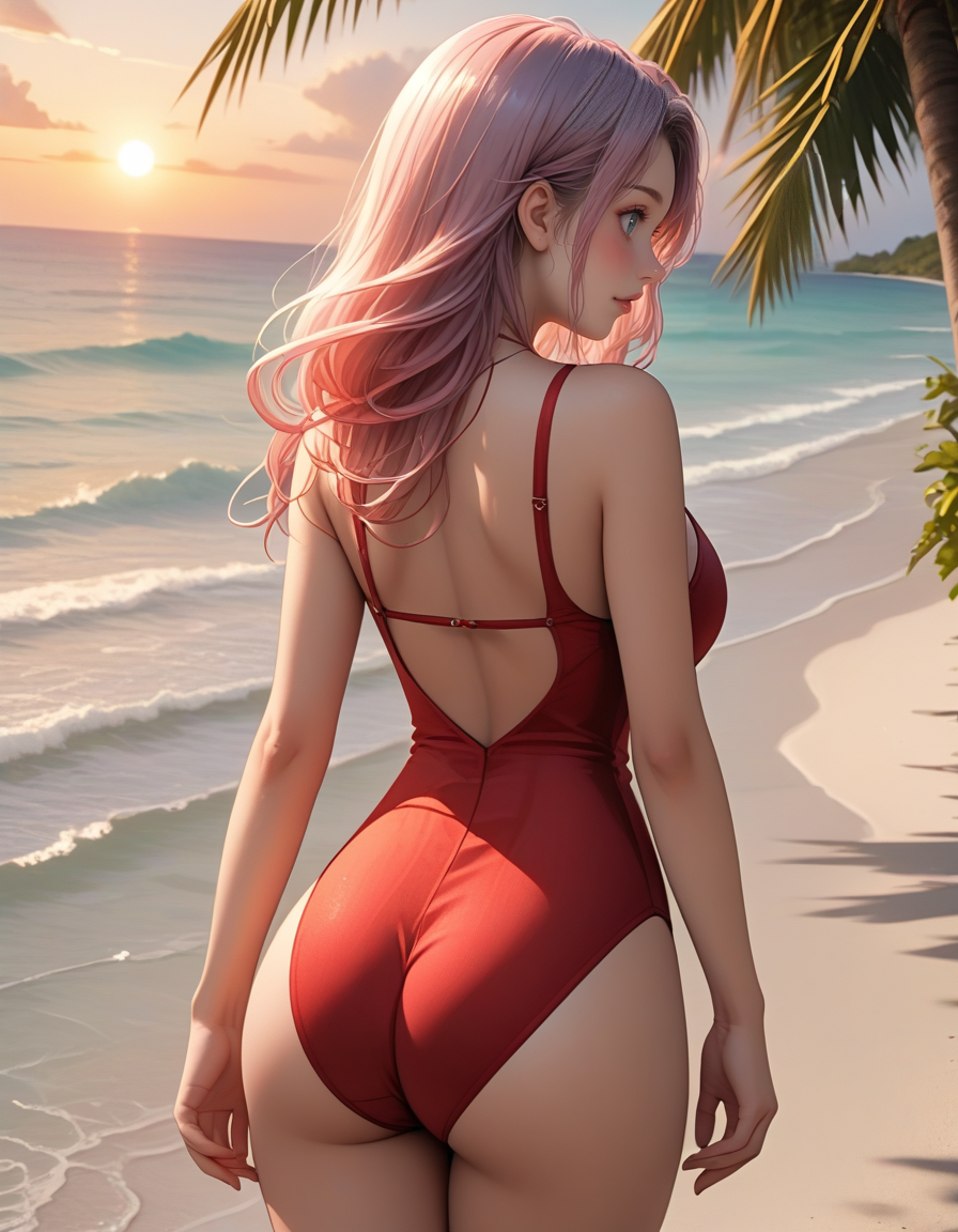 anime, 1  girl , 24 years old,  emily, <lora:Emily:0.8> ,  (cute expression), long lilac hair, voluptuous,  wearing ((red one-piece swimsuit)), daylight scene, vibrant, colorful, standing relaxed, viewing angle from behind, location is a tropical beach, soft diffused lighting, smooth skin