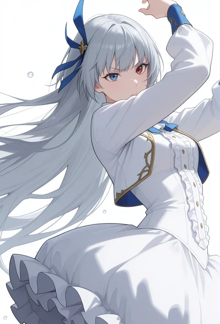 Smooth Quality,masterpiece,very intricate, high quality details, ultra realistic, high detailed skin,detailed enviorement,absurdres,
simple background, white background,solo,
sideways,dancing,
v-shaped eyebrows,
<lora:Valentine_CNR:0.8> valentine_cnr, 1girl, blue eyes, grey hair,red eyes, heterochromia, blue eyes,very long hair,cropped jacket, ,shirt, ,bubble skirt, ,