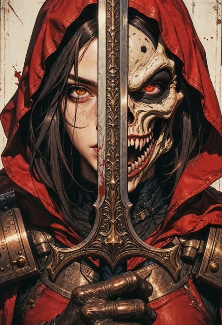 striking and dramatic composition. It depicts a female character with half of her face visible, the other half obscured by a demonic mask. The visible side of her face has pale skin, sharp features, and intense red eyes, with dark hair cascading down. The mask is grotesque, with a skeletal structure, sharp teeth, and glowing red eye, creating a stark contrast. A sword with an ornate hilt runs vertically down the center, dividing the human and demonic sides. The background is a muted beige, enhancing the vivid red and black color scheme of the character's armor and the blood splatters. The overall style is dark fantasy, with intricate details and a focus on duality and transformation.