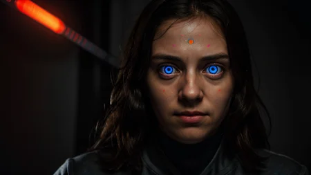 the first time you saw their face, portrait, detailed, hyperrealistic, light and colourful atmosphere, glowing eyes, bright eyes, intense gaze, cinematic, portrait, 4k resolution, haunting