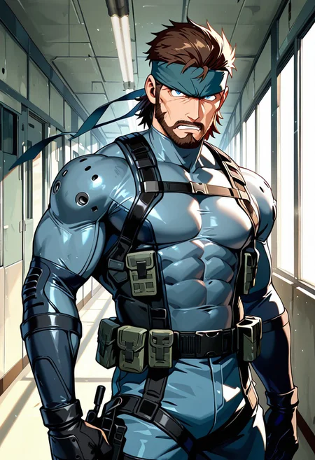 masterpiece, best quality, amazing quality, very aesthetic, absurdres, newest,  high quality, detailed, SolidSnake, 1boy, solo male, human, brown hair, facial hair, goatee, mustache, beard, sideburns, blue eyes, mature male, broad shoulders, athletic build, headband, bodysuit, combat gear, weapon harness, belts, gloves, standing, pecs, abs, looking at viewer, standing, blank expression, scowl, mature, volumetric lighting, indoors, hallway, soldier