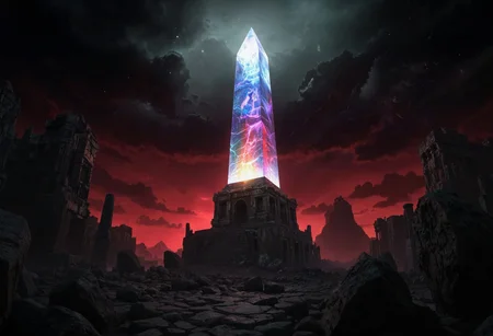 A low-poly 90s game footage showing a colossal crystalline monolithic obelisk towering the scenery. The semi-translucent structure is made from a curious, iridescent crystal, assembled in perfect geometry that reflects light in a bright, prismatic array of colors, contrasting strongly against the dark background, like a neon rainbow in the night. Set in a dilapidated temple of unknown origins with ornate columns at a distance of the central monolith. The scenery is covered in a thick fog, giving off a subtle, foreboding glow, enhancing the eerie impression. Fear is lingering in the surroundings. The game footage's style is evoking nostalgia for retro-gaming, using pre-rendered backgrounds contrasting against the simplistic shapes in the foreground as well as characteristic artifacts; eyecandy. The color concept is limited, defined by saturated tones.