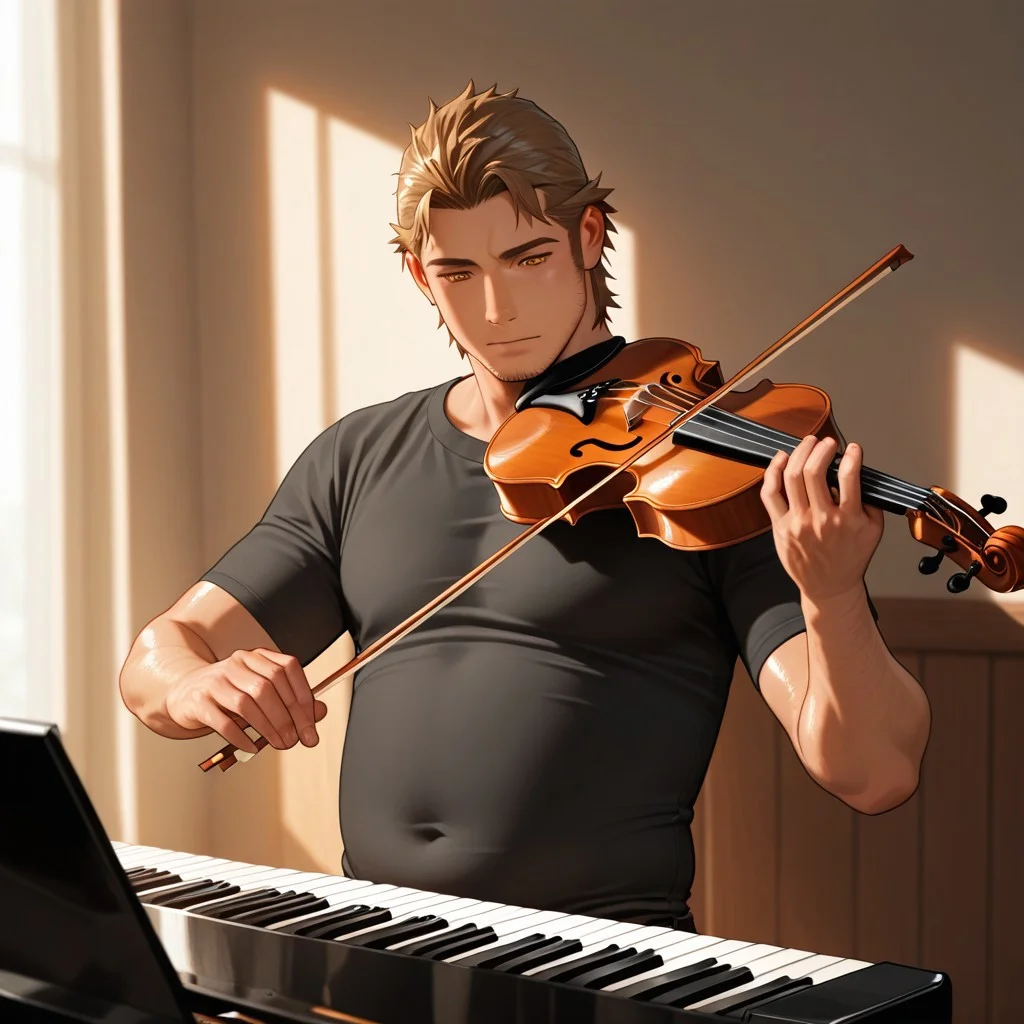 masterpiece, best quality, amazing quality, absurdres, newest, detailed background, definition so sharp, Ultra-HD, 8K cinematic, very awa, impressionate, amazing quality, highres,
solo, male focus, manly, plump, shadow, shiny skin,
ekusoushizumu, ekusou_brunette, ekusou_orange eyes, 1boy, short hair, sideburns, stubble, musician, playing_instrument, guitar, piano, violin, soft_music, focused_expression, practicing, music_notes, sound_waves, calm_concentration, dim_lighting, acoustic, passion, artistic_expression