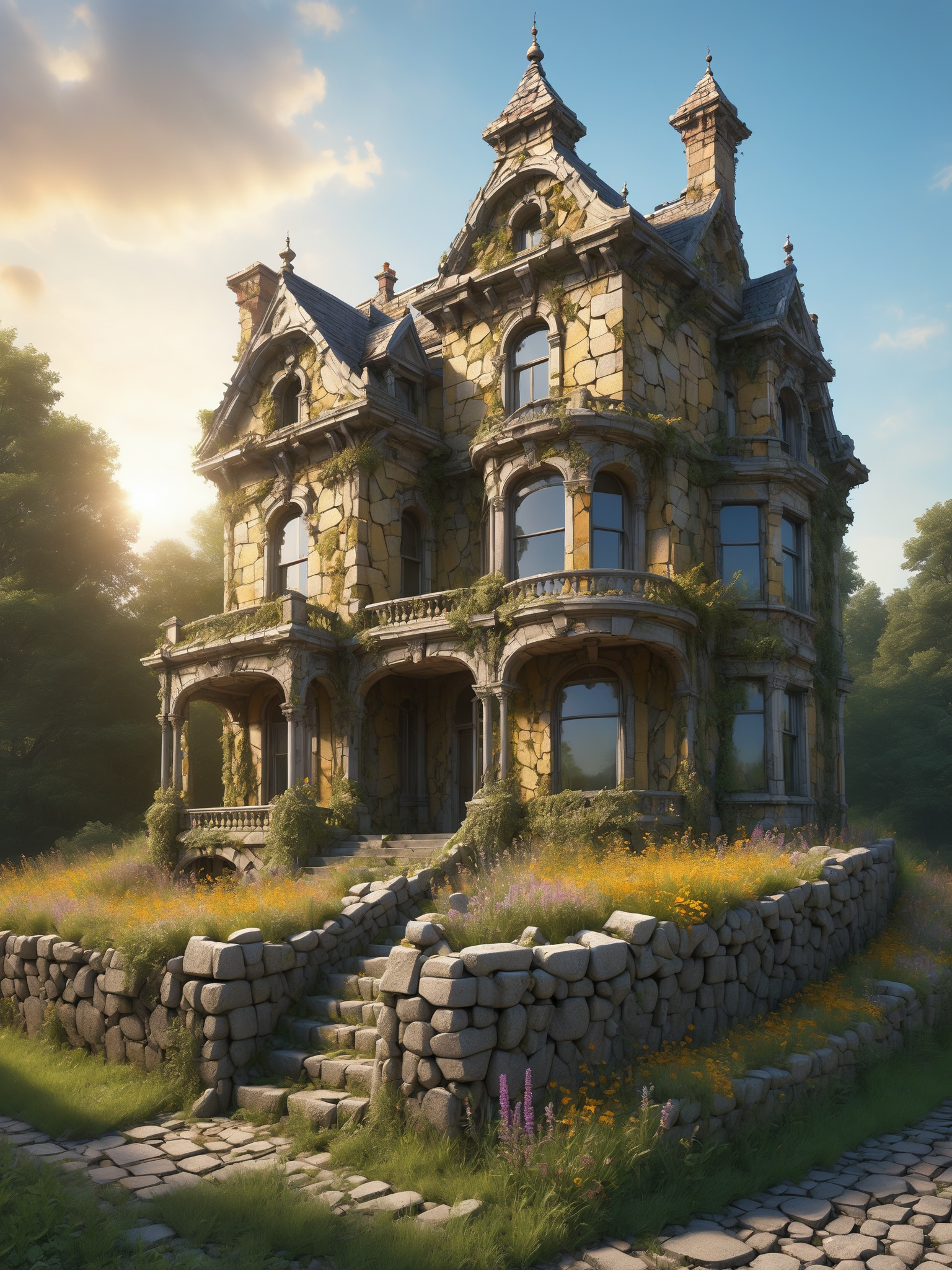 An abandoned Victorian mansion overtaken by nature, with mad-efeu climbing its crumbling walls made of mad-rubble and wildflowers blooming through the cracks of an ancient cobblestone path. The setting sun casts a golden hue over the scene, highlighting the eerie beauty of decay and the relentless power of nature reclaiming human creations, (masterpiece:1.2), best quality, (hyperdetailed, highest detailed:1.2), high resolution textures