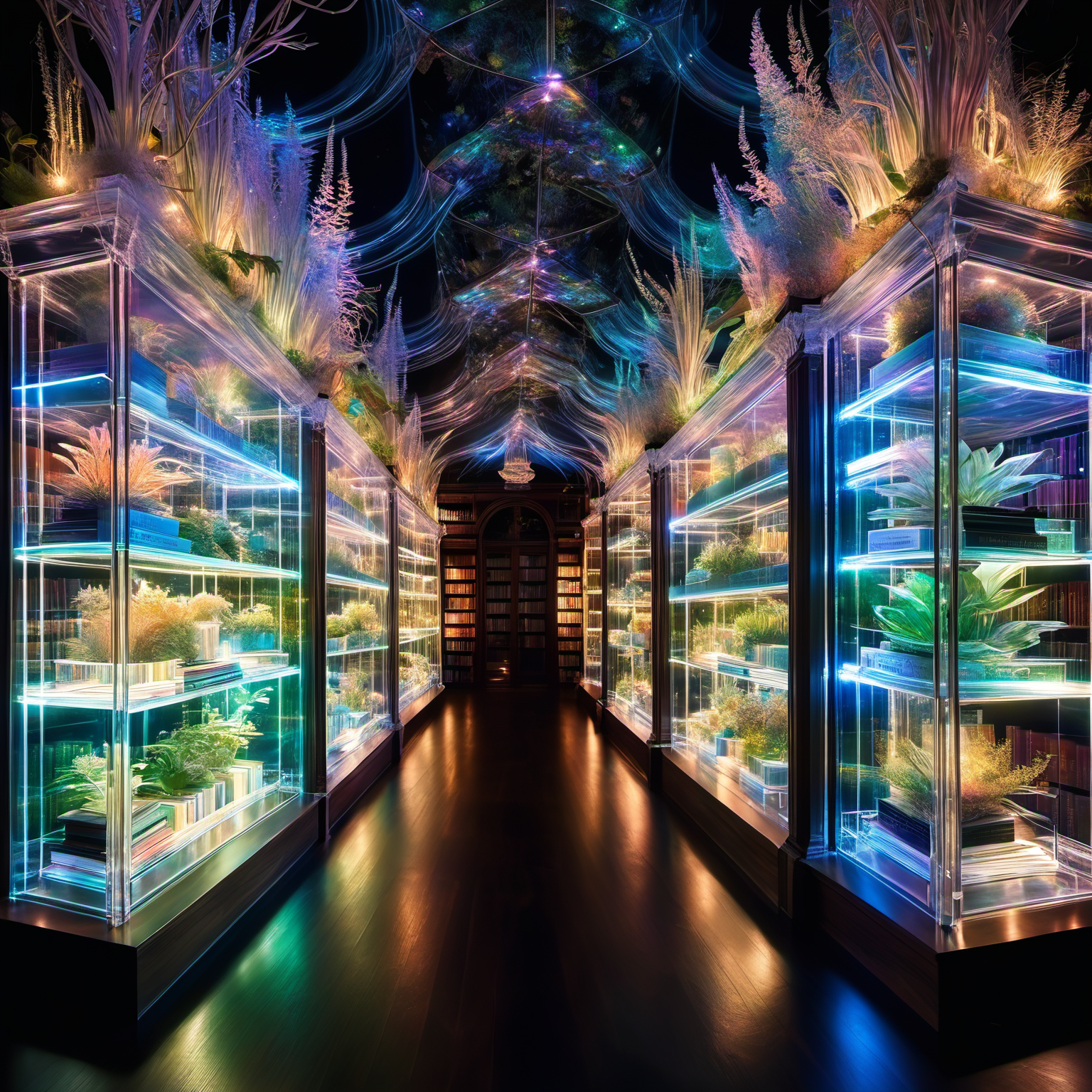 DonMSp3ctr4lXL, A translucent grand library with spectral books and biomimetic plants growing from the shelves, illuminated by a soft, eerie glow in the enchanted darkness <lora:DonMSp3ctr4lXL:1> <lora:EnvyBetterHiresFixXL01:0:hr=1>