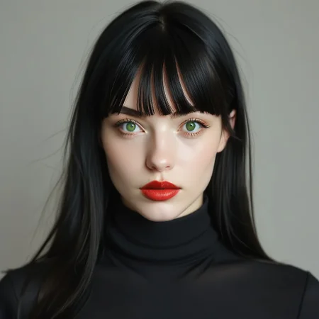 portrait, light makeup, neoteny, 18 years old, soft jaw, puffy mouth, large eyes, perfect yes, tertleneck black shirt, skinny , narrow face, european, face close up, 1girl, solo, black hair, fringe, long hair, glossy red lipstick, lips, looking at viewer, realistic, grey background, surprised expression, simple background, face, green  eyes, upper body, eyelashes, close-up, nose, eyebrows, indoors, bright lighting, artistic shot