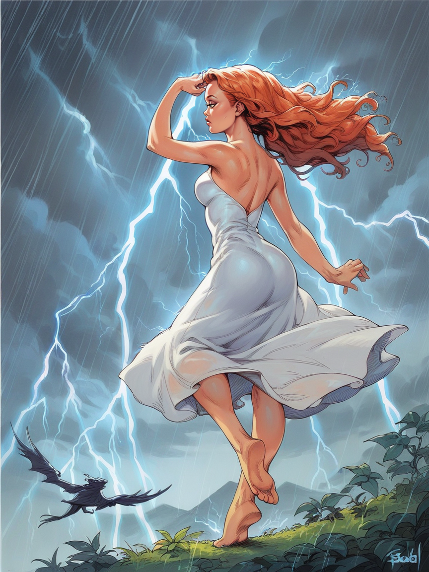score_9, score_8_up, score_7_up, score_6_up, score_5_up,  <lora:BuddR00tXLP:0.8> buddr00t, 1girl, long hair, barefoot, storm, lightning, ginger hair, white dress