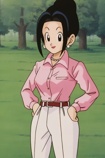 source_anime, score_9, score_8_up, score_7_up, anime screencap,8k, absurd res,
chi-chi, (end of buu), 1girl, solo, looking at viewer, smile, grass, shirt, black hair, long sleeves, tree, outdoors, jewelry, standing, full body, earrings, collared shirt, belt, pants, necklace, hair bun, black eyes, high heels, dress shirt, single hair bun, pink shirt, hands on hips, yellow high heels, shirt tucked in, pearl necklace, white pants, long sidelocks
<lora:chichiDBZ_pony_v1:0.8>