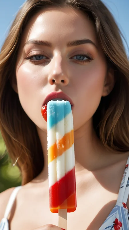very close up, eyes open, pov, looking at viewer, foodtease, beautiful young woman sucking really hard on a (light blue popsicle) deep into her closed mouth with her lips wrapped around the popsicle, holding a popsicle, sexually suggestive, undressing, public indecency, white sundress with red floral print, medium breasts, sunny day in a crowded public park, UHD 8k focus stacking  <lora:NsfwPovAllInOneLoraSdxl-000009:0.5>