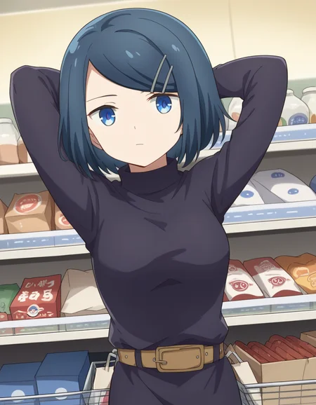 score_9, score_8_up, score_7_up, source_anime, <lora:dungeonpeople-clay-s1-ponyxl-lora-nochekaiser:1>, clay, short hair, blue eyes, black hair, hair ornament, blue hair, hairclip, swept bangs,, dress, belt, long sleeves, turtleneck,, grocery store, cashier, shopping bag, scanning items, small talk, everyday routine, , looking at viewer, hands behind head,, solo,, cowboy shot, dutch angle
