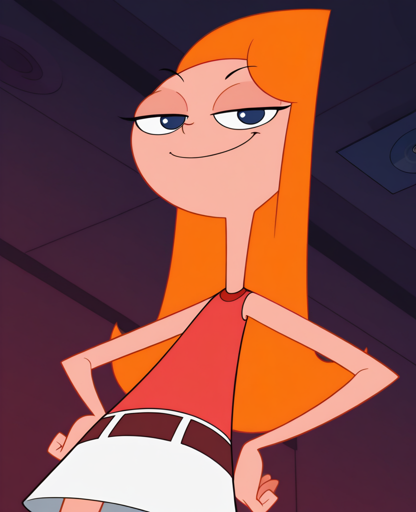 absurdres, highres, <lora:Candace_PF_ILLUS:1> , cd1, official style, official art, 1girl, orange hair, long hair, blue eyes, red shirt, sleeveless, skirt, belt, looking at viewer, from below, hand on own hip, half-closed eyes, evil smile, closed mouth,
