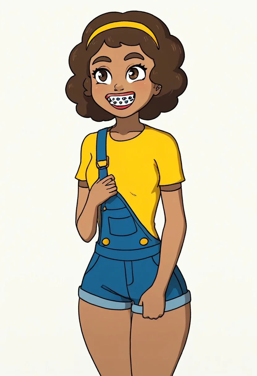 score_9, score_8_up, score_7_up, (low depth of field:1.2), 
drawn in the style of summertime saga, high contrast, best quality, cowboy shot,
white background,
BREAK
1girl, brown skin, short, light brown eyes, brown eyebrows, Voluminous curly hair, brown hair, dental braces,
small breasts, wide hips, large ass, yellow headband, navy blue overalls, yellow shirt