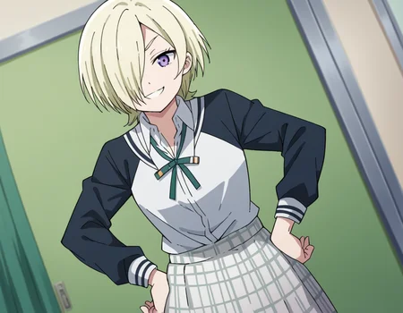 score_9, score_8_up, score_7_up, source_anime, <lora:mia-taylor-s2-ponyxl-lora-nochekaiser:1>, mia taylor, short hair, blonde hair, purple eyes, hair over one eye,, skirt, shirt, ribbon, school uniform, collared shirt, plaid, black shirt, neck ribbon, plaid skirt, white skirt, jacket, checkered skirt, nijigasaki academy school uniform,, indoors, smug, smile, looking at viewer, solo, hands on hips,, cowboy shot, dutch angle