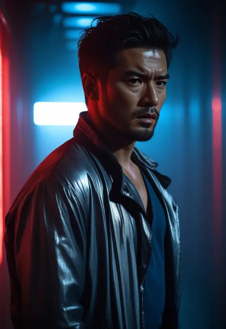 perfect anatomy, perfect proportions, best quality, masterpiece, high_resolution, high quality, highres, gay, homo, bara, male focus, male only, mature, masculine, manly, hunk, virile, rugged, hunky, handsome, charming, alluring, dutch angle, dynamic angle, intricately detailed, depth of field, atmospheric perspective, asian male, rugged, battle-worn, intense, brooding, lean, slim, wounded, scratched, sweaty, bloody, disheveled hair, dark hair, light beard, loose jumpsuit, metallic silver jumpsuit, open clothes, draped off shoulders, bare chest, dramatic lighting, red lighting, blue lighting, cyberpunk lighting, neo-noir lighting, cinematic lighting, industrial corridor, dimly lit, flickering lights, dystopian, sci-fi, horror elements, tense, cinematic, action-packed, futuristic, eerie, ominous, monstrous figures, lurking shadows, dark ambiance