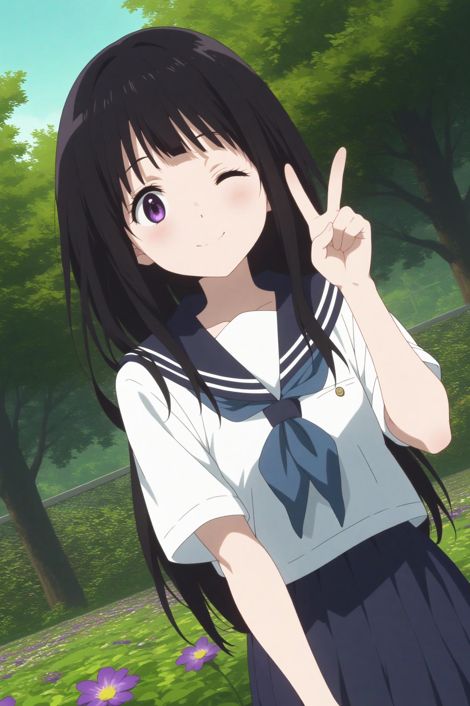 1girl,solo,eru chitanda,long hair,school uniform,kamiyama high school uniform (hyouka),serafuku,looking at viewer,bangs,outdoors,purple flower,purple petal flying around,dutch angle,
 consistent background,wink,peace sign,smiling,blush, lot of flowers  <lora:Eru_Chitanda_-_Hyouka.safetensors:0.8>