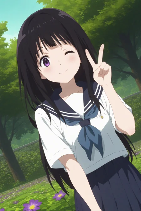 1girl,solo,eru chitanda,long hair,school uniform,kamiyama high school uniform (hyouka),serafuku,looking at viewer,bangs,outdoors,purple flower,purple petal flying around,dutch angle,
consistent background,wink,peace sign,smiling,blush, lot of flowers <lora:Eru_Chitanda_-_Hyouka.safetensors:0.8>