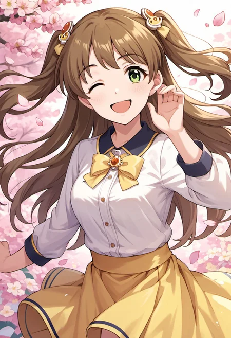 score_9, score_8_up, score_7_up, source_anime, makihara shiho, long hair, brown hair, green eyes, 1girl, one eye closed, solo, smile, yellow skirt, open mouth, petals, skirt, two side up, looking at viewer, hair ornament, yellow bow