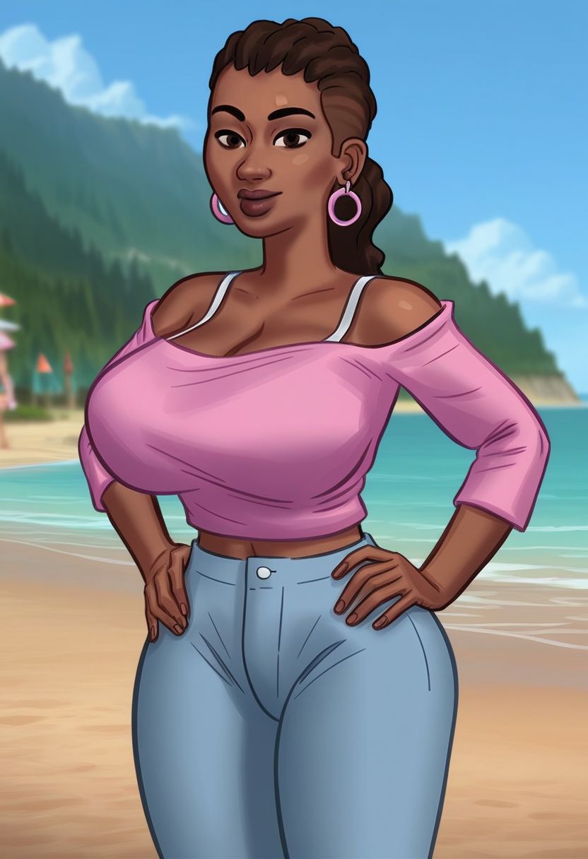 score_9, score_8_up, score_7_up, score_6_up, score_5_up, score_4_up, ((low depth of field)), <lora:SummertimeSagaXL_Pony:0.4>, (Drawn in the style of summertime saga), (beautiful landscape), 
BREAK
<lora:stsDewitt-10e:0.6>, stsdewitt standing on beach, 1girl, dark-skinned female, large breasts, brown eyes, brown hair, ponytail, hoop earings, crop top, off-shoulder shirt, pink topwear, bra strap, jeans, looking at viewer, hands on hips
