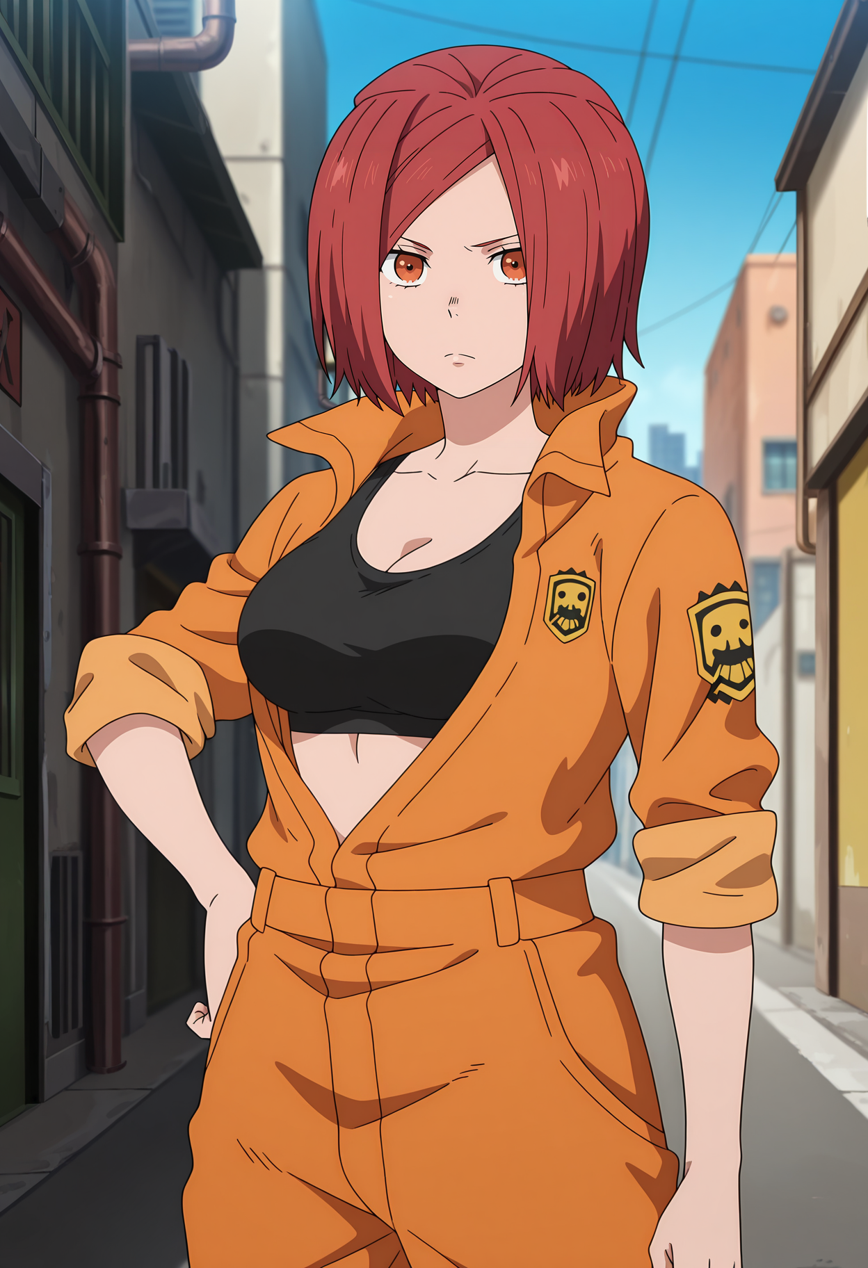 anime screencap, masterpiece, best quality,
<lora:EnenNoShouboutai_IsaribaLisa_IlluXL:0.9>,
1girl, solo, closed mouth, serious, frown,
parted bangs, short hair, red hair, orange eyes,
orange jumpsuit, open jacket, black sports bra, cleavage, medium breasts, emblem, sleeves rolled up,
hand on own hip, standing, looking at viewer, cowboy shot,
blurry background, outdoors, city, blue sky, industrial pipe, street, church