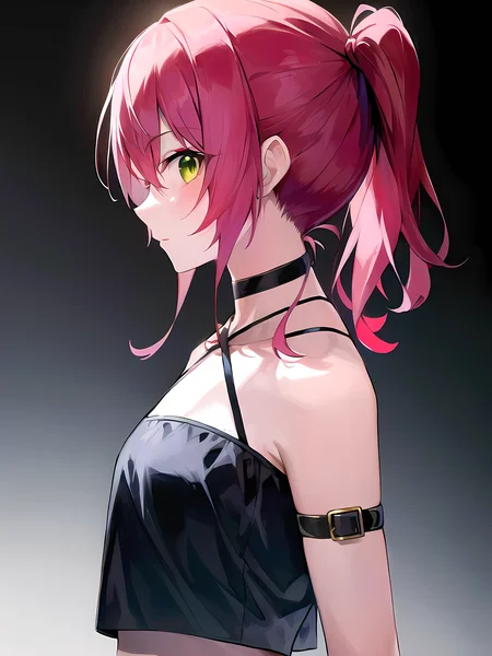 (masterpiece:1.3), (absurdres:1.3), (best quality:1.3), (ultra-detailed:1.3),(best shadow:0.7), (handled hair), (sharp eyeliner, eyeshadow, detailed eyes:1.1), perfect anatomy, BREAK, 1girl, solo, RED HAIR, hair between eyes, GREEN EYES, glowing eyes, medium hair, side ponytail, sidelocks, criss-cross halter, black shirt, midriff, arm strap, multiple straps, black choker, black_bracer, leather_shorts, upper body, facing viewer, looking at viewer, portrait, profile,
BREAK (darkness:1.2), dark background