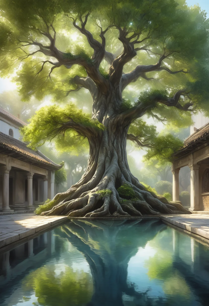 a sacred tree in a courtyard, a tree leaning over a calm reflective pool, <lora:Artfully_TREES2-000003:0.6>, a canopy of leaves glowing in dappled sunlight, sketch of an old tree, sketched with loose strokes, immersed in tranquil scenery, washed in subtle gradients, wrapped in luminous shading masterpiece, detailed, best quality, absurd resolution uhd, 8k,