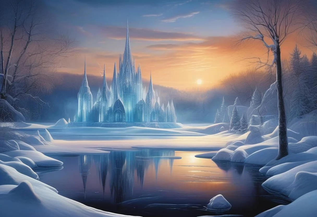 A whimsical winter wonderland,
with ice sculptures and twinkling lights adorning the frozen lake. evening,
intricate design,
cinematic lighting,
LP cover,
Giger Marc Simonetti print,
Mysterious