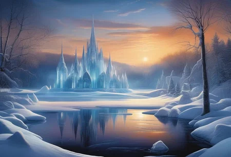 A whimsical winter wonderland,
with ice sculptures and twinkling lights adorning the frozen lake. evening,
intricate design,
cinematic lighting,
LP cover,
Giger Marc Simonetti print,
Mysterious
