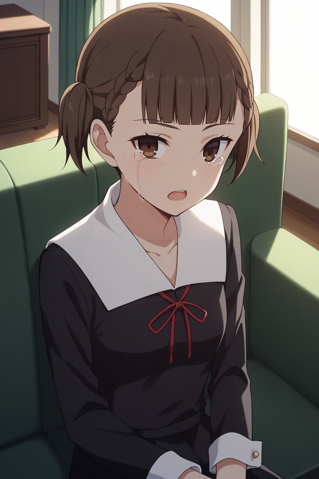 score_9, score_8_up, score_7_up, source_anime, 1girl, prefect lighting, very aesthetic, intricate details, highly detailed background, masterpiece, high quality, prefect hands, best quality, solo,
<lora:Maki_Shijou_Kaguya-sama_Love_Is_War_V1:.85>, KJOmaki, brown hair, brown eyes, blunt bangs, short twintails, 
black school uniform, 
crying with eyes open, watery eyes, from above, looking at viewer, open mouth, sitting on couch, 
living room, sunset, 
(Beautiful, small Breasts:1.2), natural breasts,