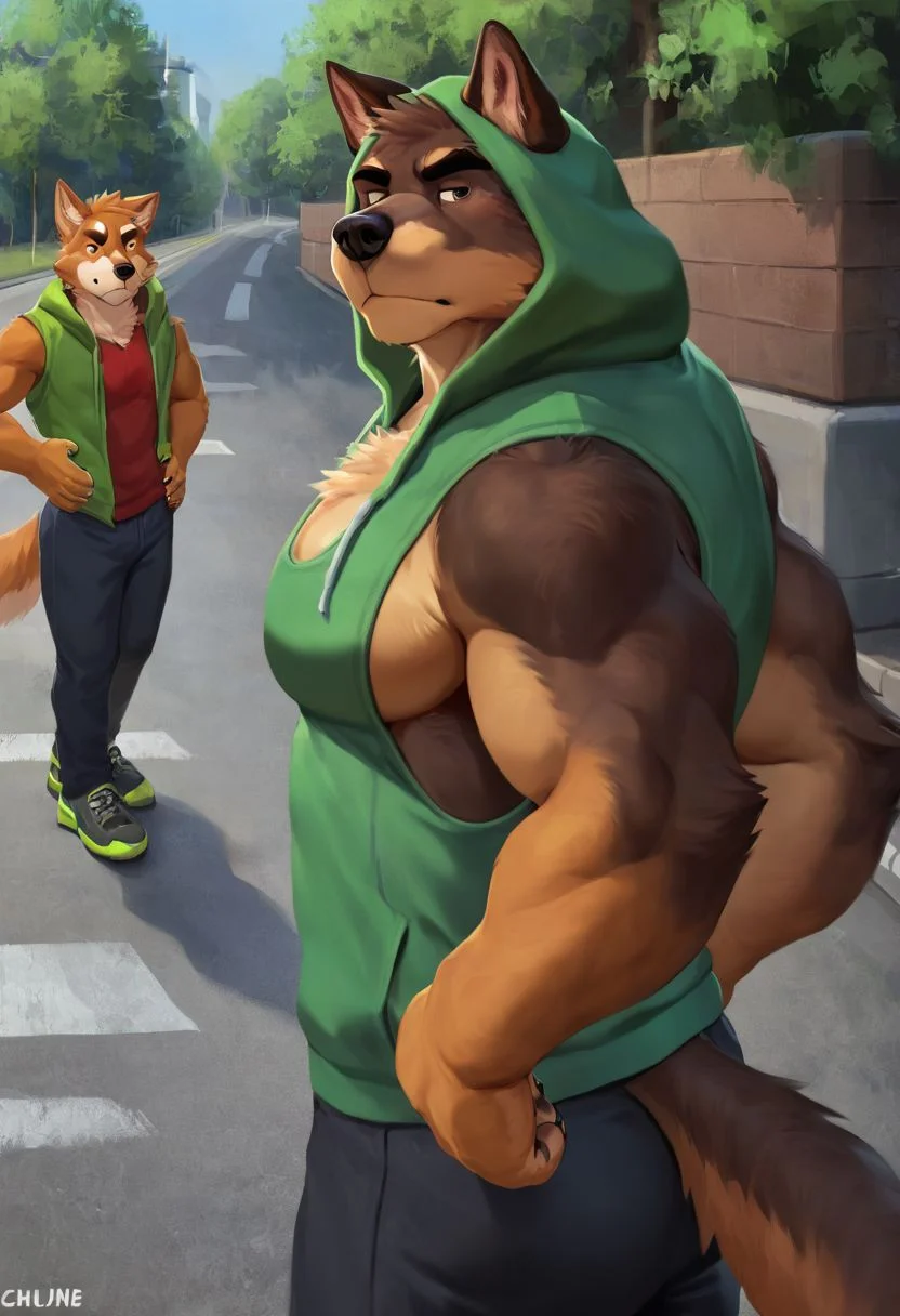 furry, multiple boys, 2boys, furry male, male focus, tank top, muscular, green hoodie, hood, bara, animal ears, red tank top, dog boy, brown fur, muscular male, hoodie, looking at viewer, pectorals, letterboxed, upper body, furry with furry, road, sidepec, thick eyebrows, pectoral cleavage, short hair, large pectorals, hand on own hip, dog ears, frown, closed mouth, motor vehicle, street
