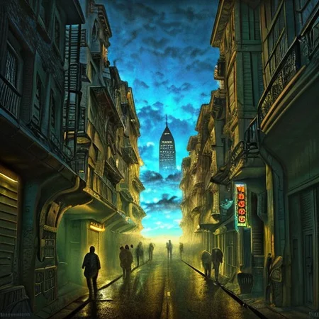 RAW photo, (masterpiece:1.3), subsurface scattering, heavy shadow, (high quality:1.4), (intricate, high detail:1.2), professional photography, HDR, High Dynamic Range, realistic, ultra realistic, photorealistic, high resolution, ambient lighting, atmospheric effects, fog, OverallDetail, alley, building, city, hood, lamppost, multiple boys, multiple girls, neon lights, night, nightcity, outdoors, people, road, scenery, science fiction, sign, sky, skyscraper, solo, street, sunset, weapon, epiCPhoto